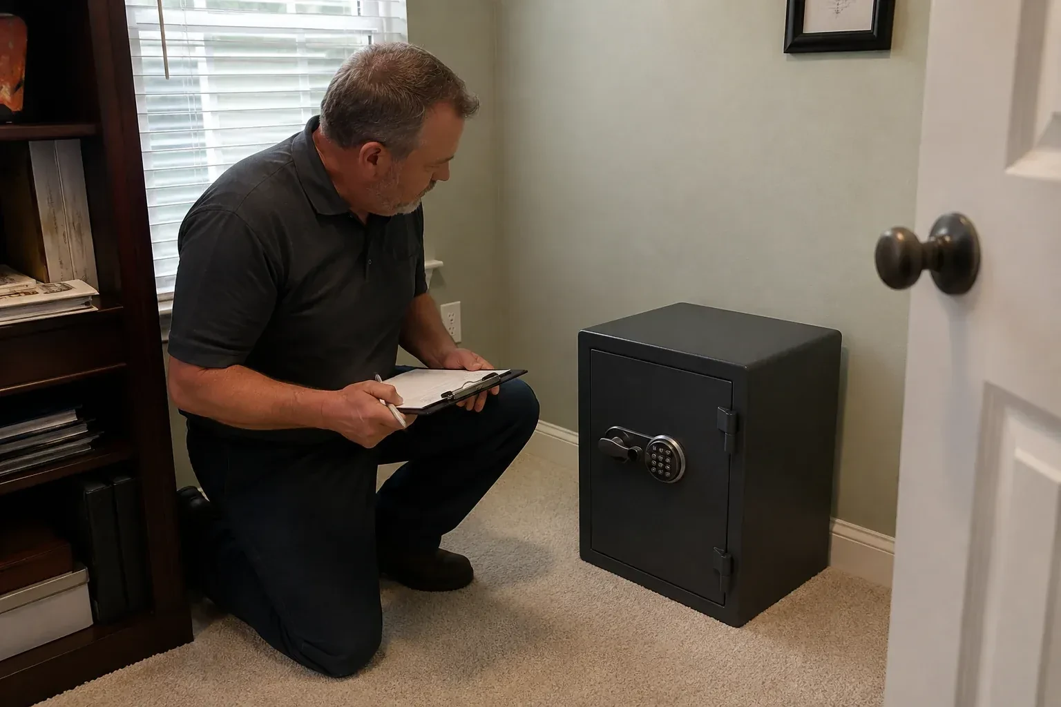 Person holding a clipboard beside a closed black safe with a circular keypad in a carpeted room. — Safe Installation & Servicing, Toronto