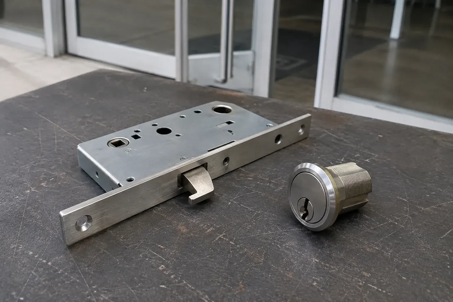 Detached mortise lock body with a projecting hook-shaped bolt beside a threaded cylinder. — Commercial-Grade Lock Replacement, Toronto