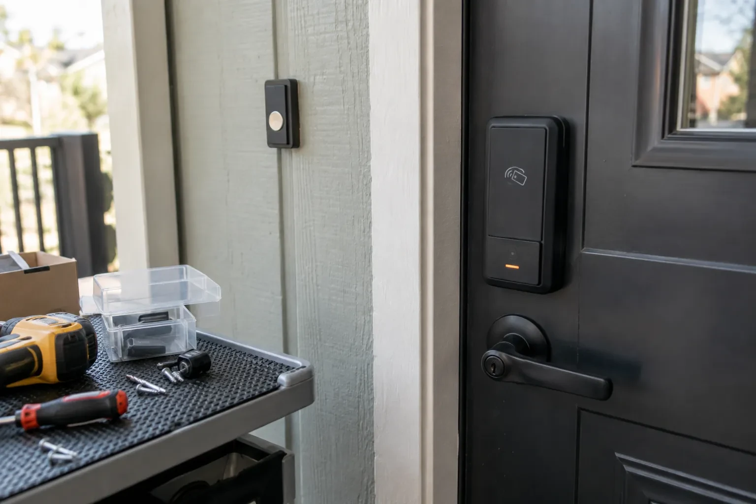 Black door with a card-reader lock panel above a lever handle, beside a tray of tools and a parts box.