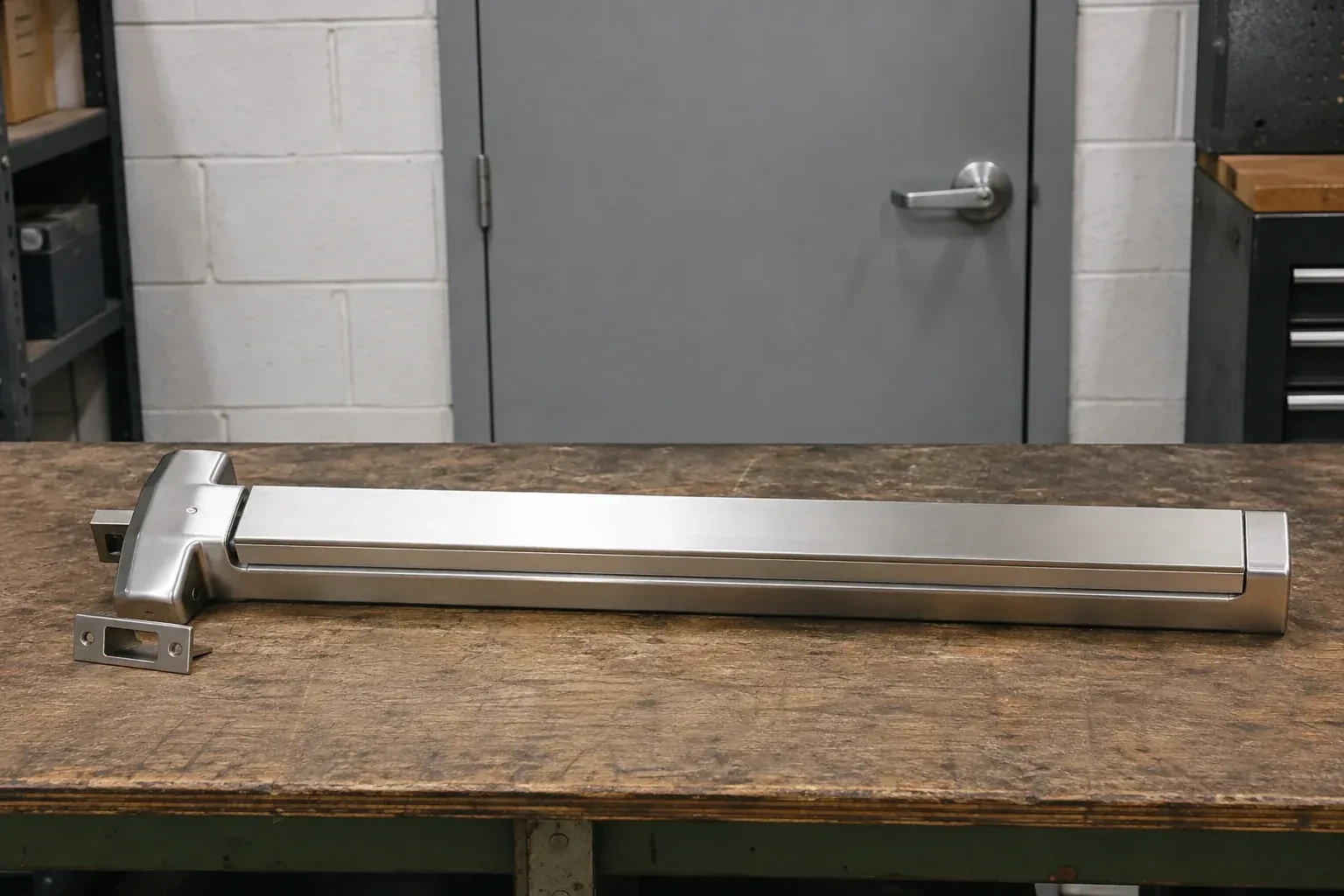 Detached horizontal exit device and separate strike component on a workshop bench. — Panic & Exit Hardware, Toronto