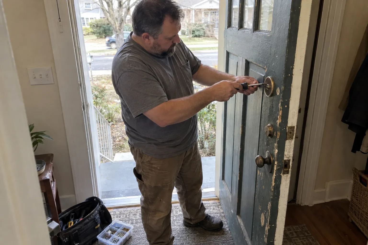 Technician using a screwdriver on the deadbolt of an open blue-gray front door, with a tool bag and screw tray nearby. — Deadbolt Installation, Toronto