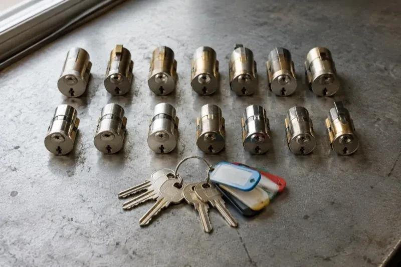 Two rows of lock cylinders on a metal surface with keys and colored key tags in front. — Master Key System Design, Toronto
